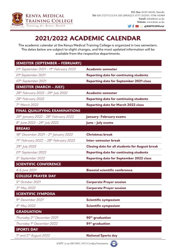 Centre College Academic Calendar 2022 Calendar Of College Training Activities | Kenya Medical Training College